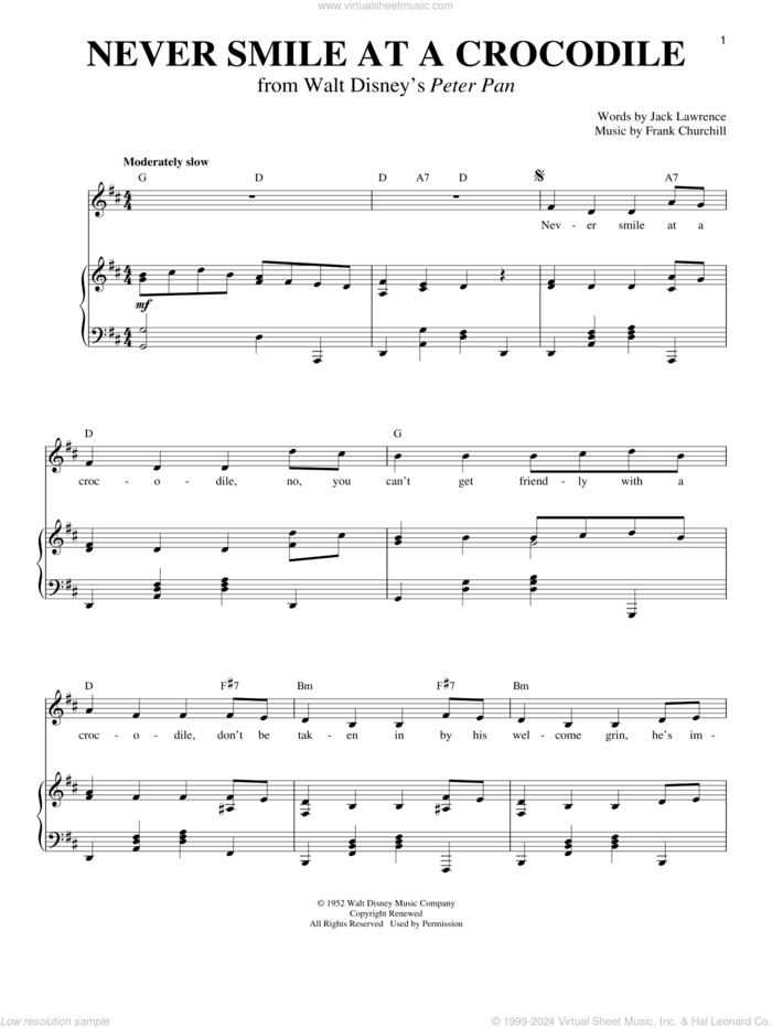 Never Smile At A Crocodile sheet music for voice and piano by Jack Lawrence and Frank Churchill, intermediate skill level