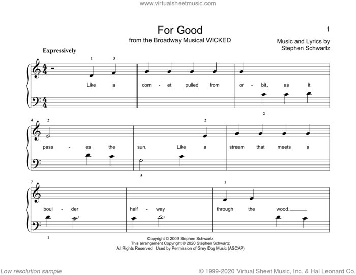 For Good (from Wicked) (arr. Christopher Hussey) sheet music for piano solo (elementary) by Stephen Schwartz and Christopher Hussey, beginner piano (elementary)