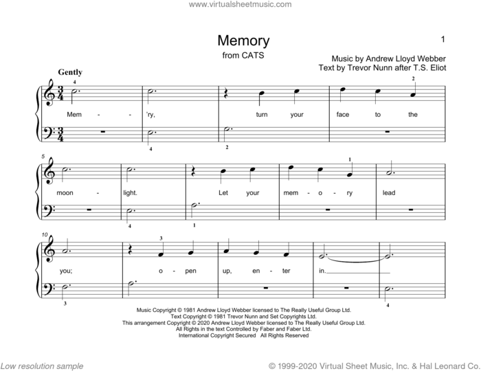 Memory (from Cats) (arr. Christopher Hussey) sheet music for piano solo (elementary) by Andrew Lloyd Webber, Christopher Hussey and Trevor Nunn, beginner piano (elementary)