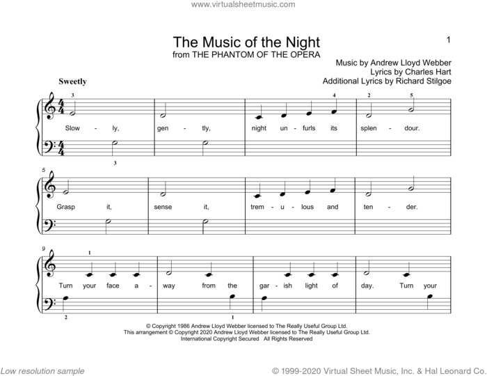 The Music Of The Night (from Phantom Of The Opera) (arr. Christopher Hussey) sheet music for piano solo (elementary) by Andrew Lloyd Webber, Christopher Hussey, Charles Hart and Richard Stilgoe, beginner piano (elementary)