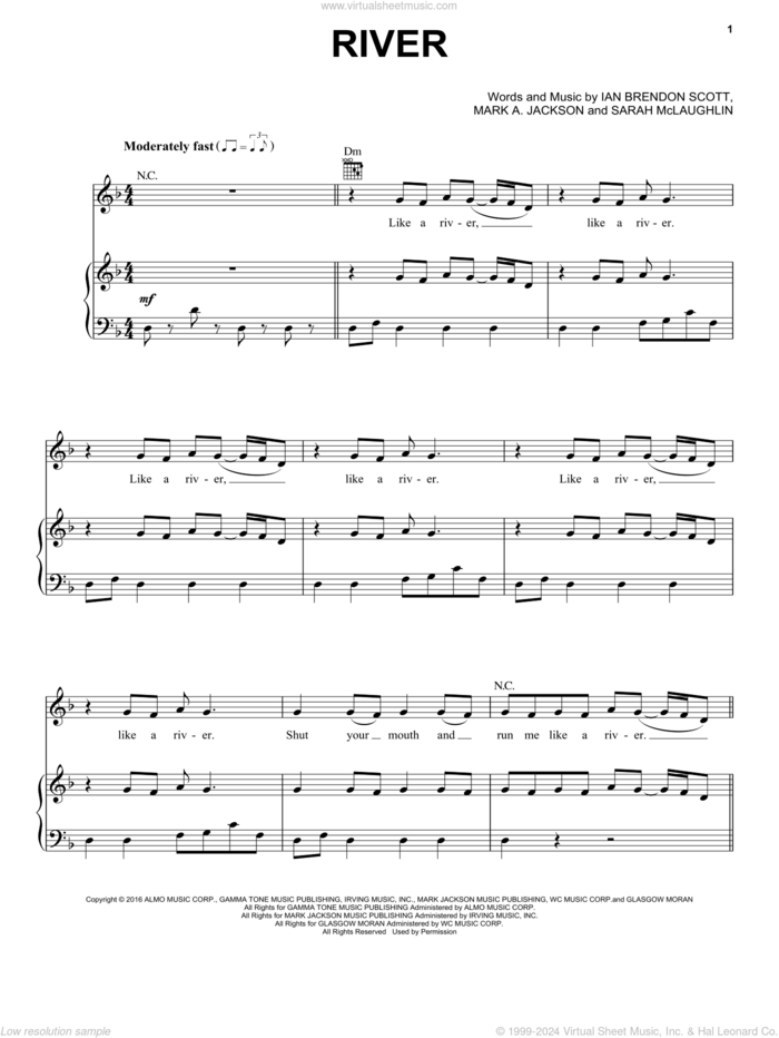 River sheet music for voice, piano or guitar by Bishop Briggs, Ian Brendon Scott, Mark A. Jackson and Sarah McLaughlin, intermediate skill level