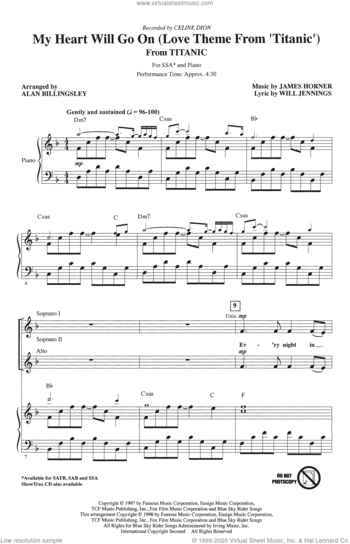 My Heart Will Go On (Love Theme From 'Titanic') (arr. Alan Billingsley) sheet music for choir (SSA: soprano, alto) by Celine Dion, Alan Billingsley, James Horner and Will Jennings, intermediate skill level