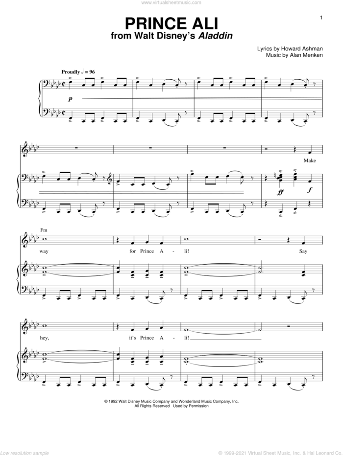 Prince Ali (from Aladdin) sheet music for voice and piano by Alan Menken and Howard Ashman, intermediate skill level