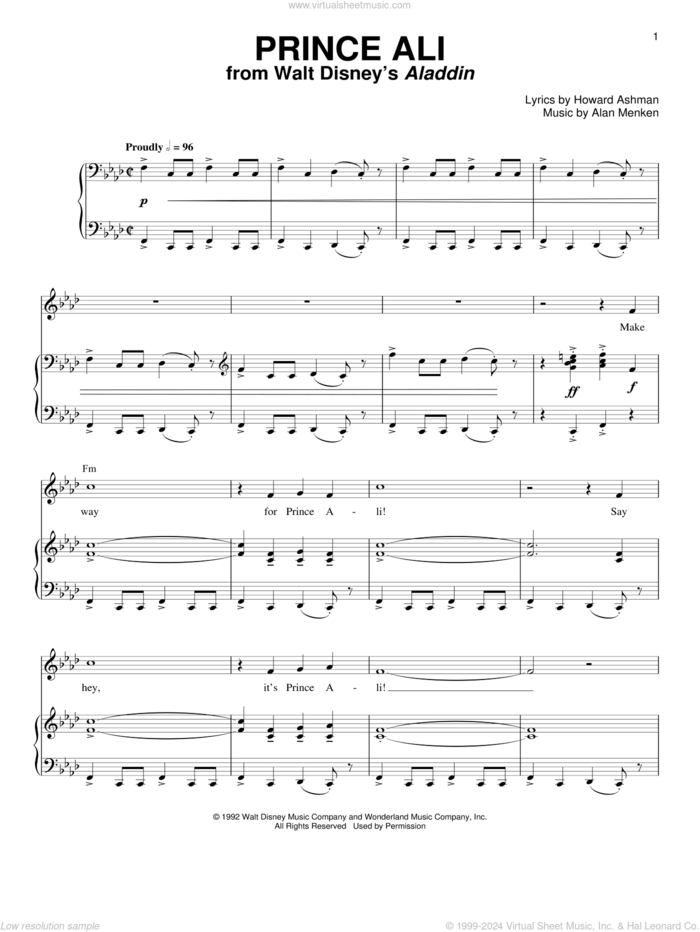 Prince Ali (from Aladdin) sheet music for voice and piano by Alan Menken and Howard Ashman, intermediate skill level