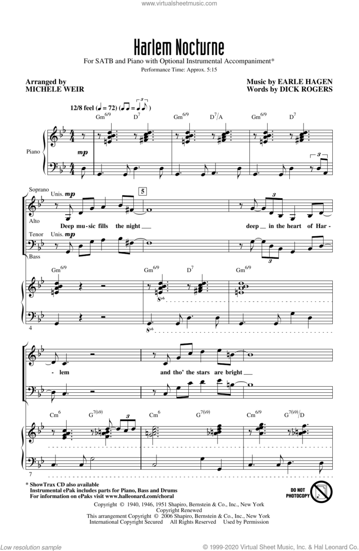 Harlem Nocturne (arr. Michele Weir) sheet music for choir (SATB: soprano, alto, tenor, bass) by Earle Hagen, Michelle Weir, Earle Hagen and Dick Rogers and Dick Rogers, intermediate skill level