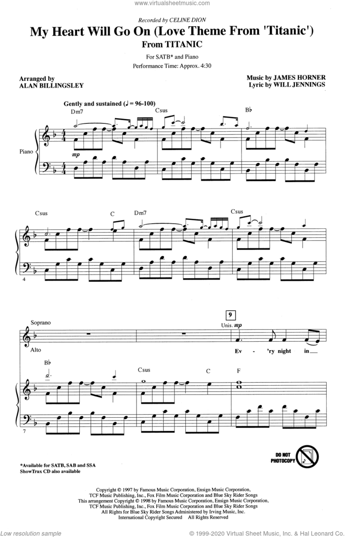 My Heart Will Go On (Love Theme From 'Titanic') (arr. Alan Billingsley) sheet music for choir (SATB: soprano, alto, tenor, bass) by Celine Dion, Alan Billingsley, James Horner and Will Jennings, intermediate skill level