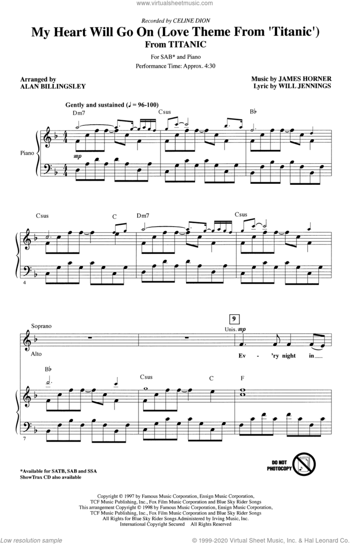 My Heart Will Go On (Love Theme From 'Titanic') (arr. Alan Billingsley) sheet music for choir (SAB: soprano, alto, bass) by Celine Dion, Alan Billingsley, James Horner and Will Jennings, wedding score, intermediate skill level