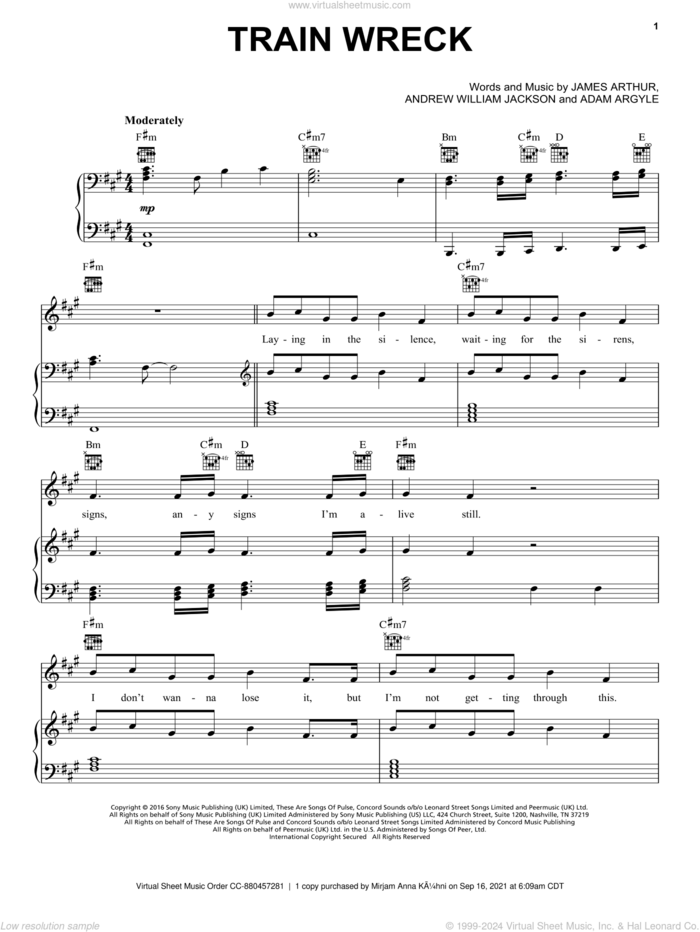 Train Wreck sheet music for voice, piano or guitar by James Arthur, Adam Argyle and Andrew William Jackson, intermediate skill level
