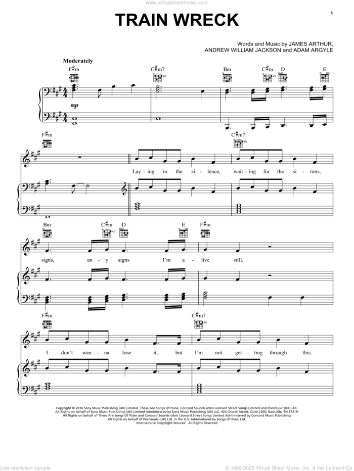 Train Wreck sheet music for voice, piano or guitar by James Arthur, Adam Argyle and Andrew William Jackson, intermediate skill level