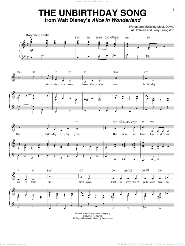 The Unbirthday Song (from Alice In Wonderland) sheet music for voice and piano by Mack David, Al Hoffman and Jerry Livingston, Al Hoffman, Jerry Livingston and Mack David, intermediate skill level