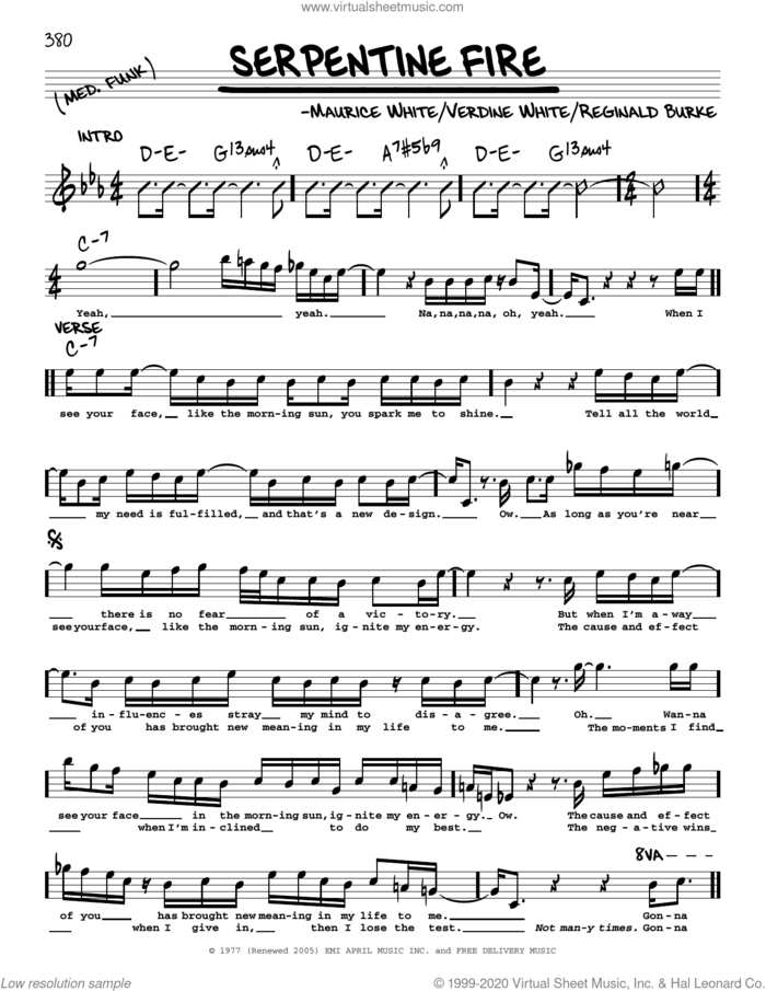 Serpentine Fire sheet music for voice and other instruments (real book) by Earth, Wind & Fire, Maurice White, Reginald Burke and Verdine White, intermediate skill level