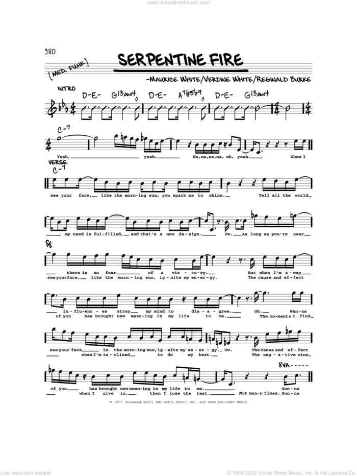 Serpentine Fire sheet music for voice and other instruments (real book) by Earth, Wind & Fire, Maurice White, Reginald Burke and Verdine White, intermediate skill level