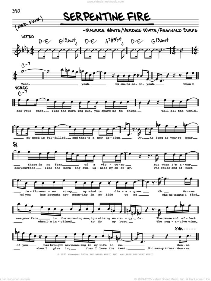 Serpentine Fire sheet music for voice and other instruments (real book) by Earth, Wind & Fire, Maurice White, Reginald Burke and Verdine White, intermediate skill level