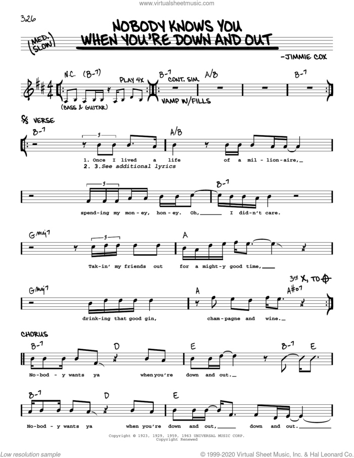 Nobody Knows You When You're Down And Out (Nobody Knows When You're Down And Out) sheet music for voice and other instruments (real book) by Eric Clapton and Jimmie Cox, intermediate skill level