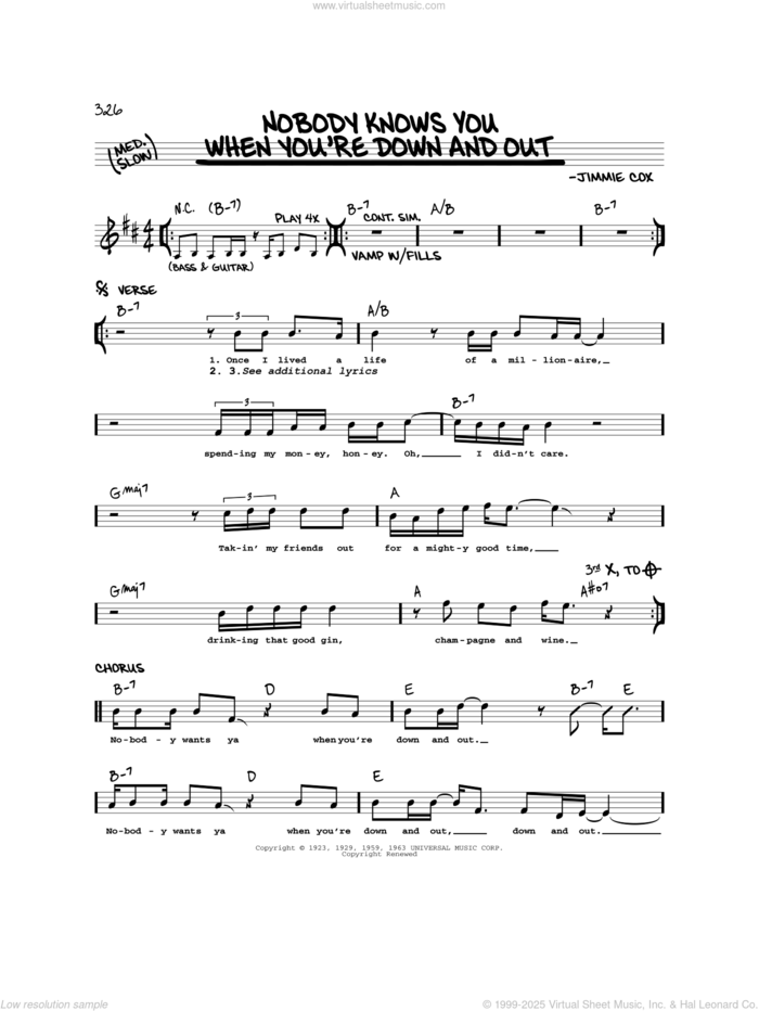 Nobody Knows You When You're Down And Out (Nobody Knows When You're Down And Out) sheet music for voice and other instruments (real book) by Eric Clapton and Jimmie Cox, intermediate skill level