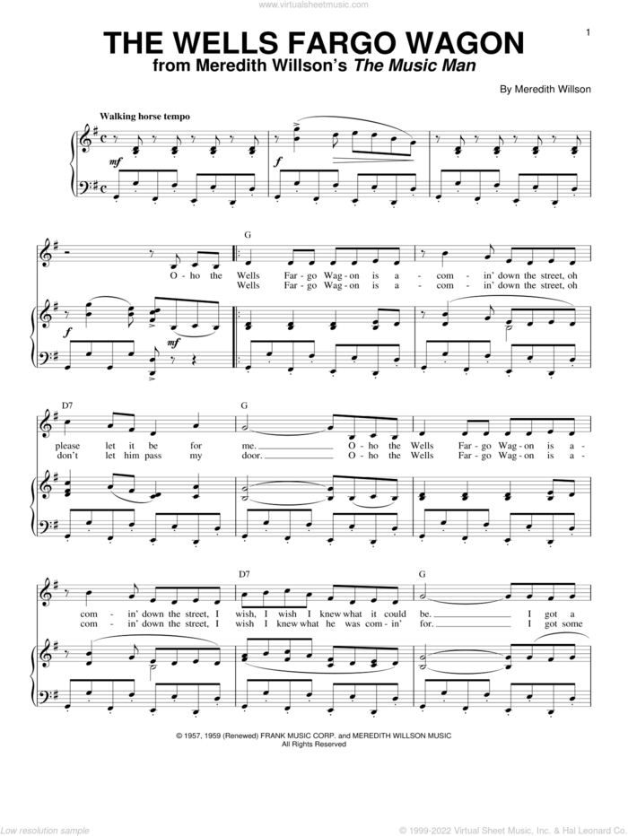 The Wells Fargo Wagon sheet music for voice and piano by Meredith Willson, intermediate skill level