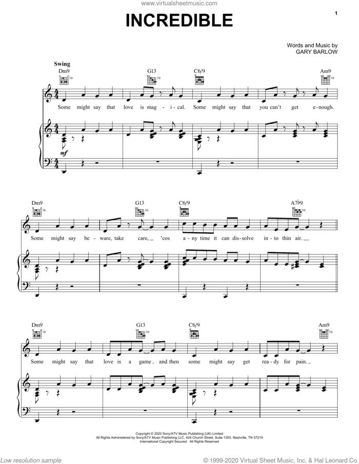 Incredible sheet music for voice, piano or guitar by Gary Barlow, intermediate skill level