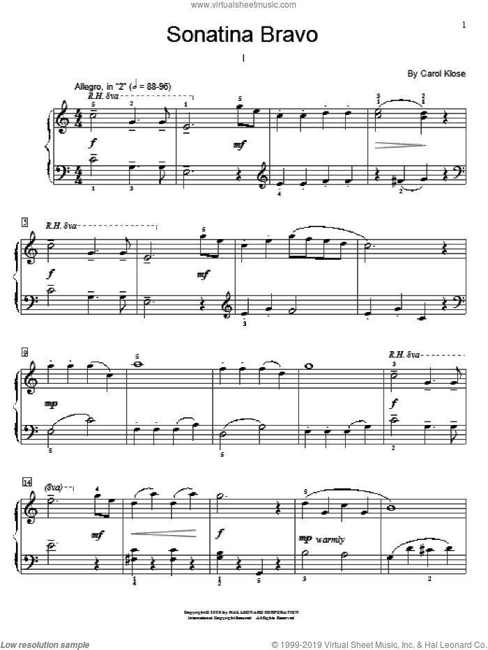 Sonatina Bravo sheet music for piano solo (elementary) by Carol Klose and Miscellaneous, beginner piano (elementary)