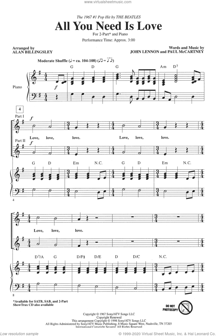 All You Need Is Love (arr. Alan Billingsley) sheet music for choir (2-Part) by The Beatles, Alan Billingsley, John Lennon and Paul McCartney, intermediate duet