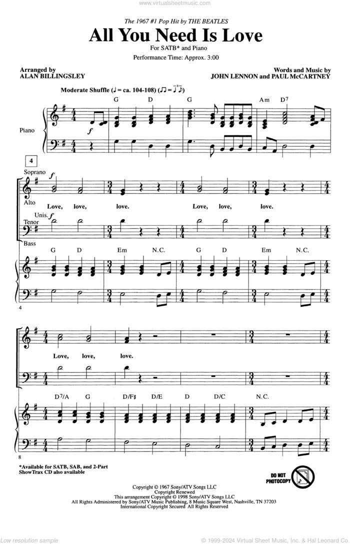 All You Need Is Love (arr. Alan Billingsley) sheet music for choir (SATB: soprano, alto, tenor, bass) by The Beatles, Alan Billingsley, John Lennon and Paul McCartney, intermediate skill level