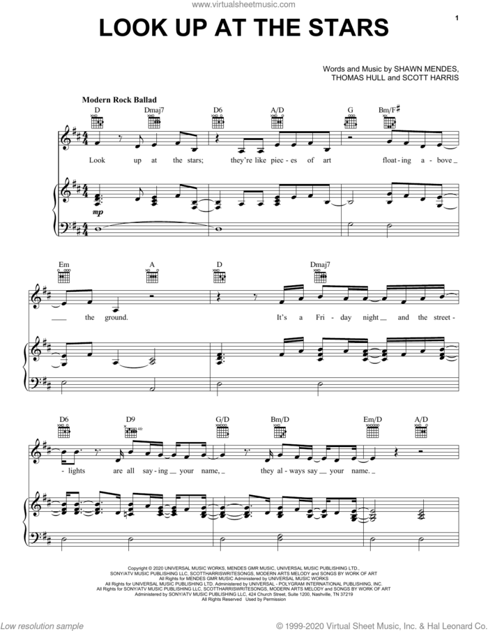 Look Up At The Stars sheet music for voice, piano or guitar by Shawn Mendes, Scott Harris and Tom Hull, intermediate skill level
