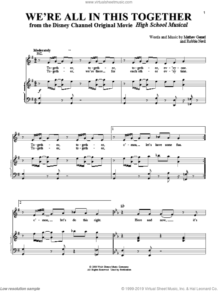 We're All In This Together sheet music for voice and piano by High School Musical, Matthew Gerrard and Robbie Nevil, intermediate skill level