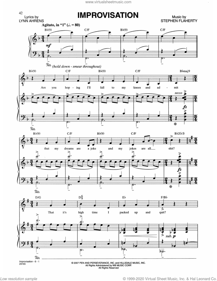 Improvisation (from The Glorious Ones) sheet music for voice and piano by Stephen Flaherty, Lynn Ahrens and Stephen Flaherty and Django Reinhardt, intermediate skill level