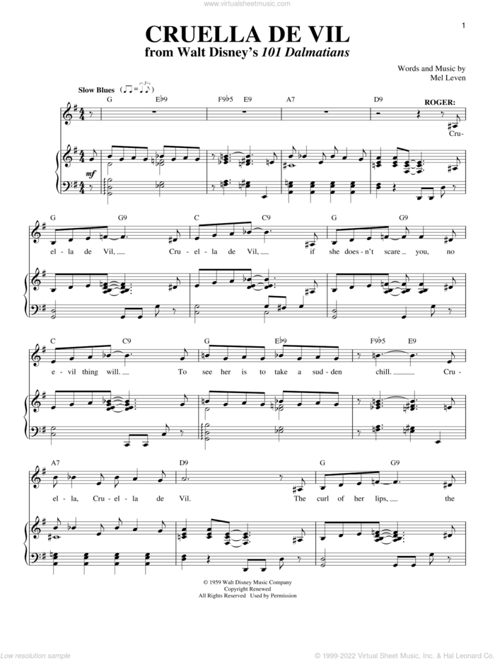 Cruella De Vil (from 101 Dalmations) sheet music for voice and piano by Mel Leven, intermediate skill level