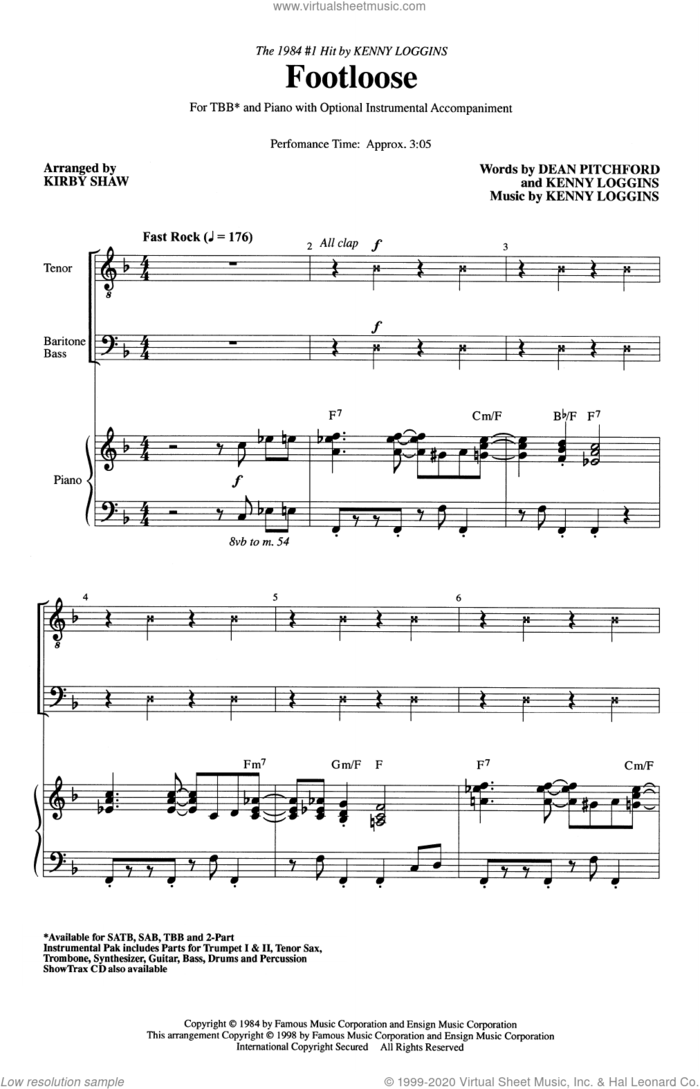 Footloose (arr. Kirby Shaw) sheet music for choir (TBB: tenor, bass) by Kenny Loggins, Kirby Shaw and Dean Pitchford, intermediate skill level