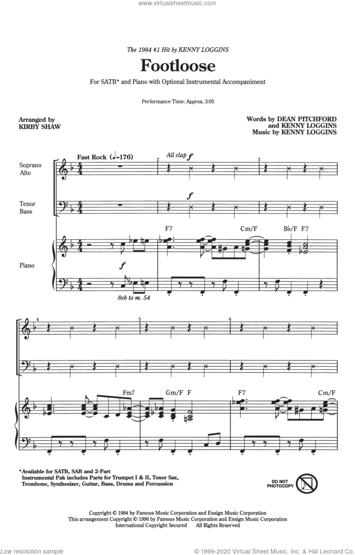Footloose (arr. Kirby Shaw) sheet music for choir (SATB: soprano, alto, tenor, bass) by Kenny Loggins, Kirby Shaw and Dean Pitchford, intermediate skill level