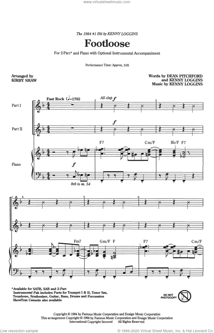 Footloose (arr. Kirby Shaw) sheet music for choir (2-Part) by Kenny Loggins, Kirby Shaw and Dean Pitchford, intermediate duet