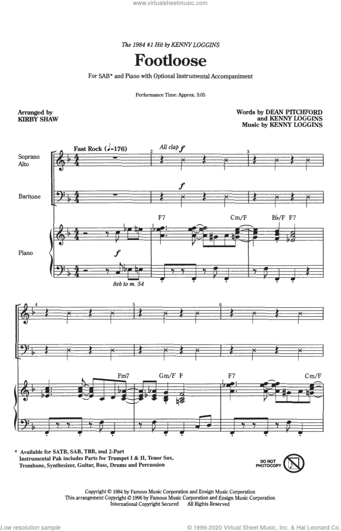 Footloose (arr. Kirby Shaw) sheet music for choir (SAB: soprano, alto, bass) by Kenny Loggins, Kirby Shaw and Dean Pitchford, intermediate skill level