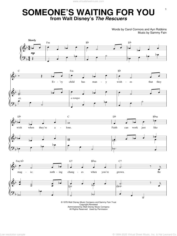 Someone's Waiting For You sheet music for voice and piano by Sammy Fain, Ayn Robbins and Carol Connors, intermediate skill level