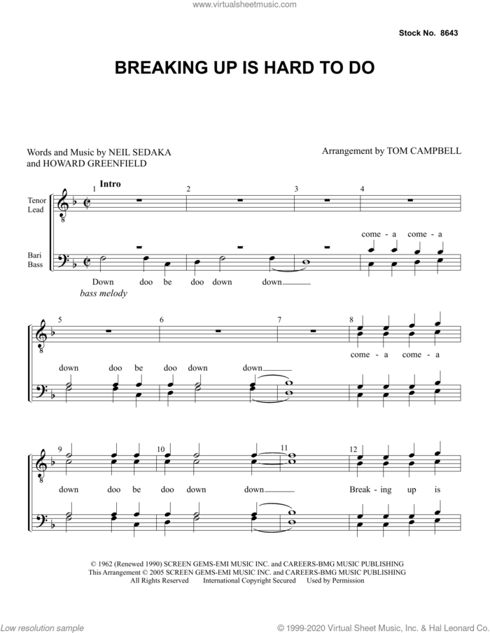 Breaking Up Is Hard To Do (arr. Tom Campbell) sheet music for choir (TTBB: tenor, bass) by Neil Sedaka, Thomas Campbell and Howard Greenfield, intermediate skill level