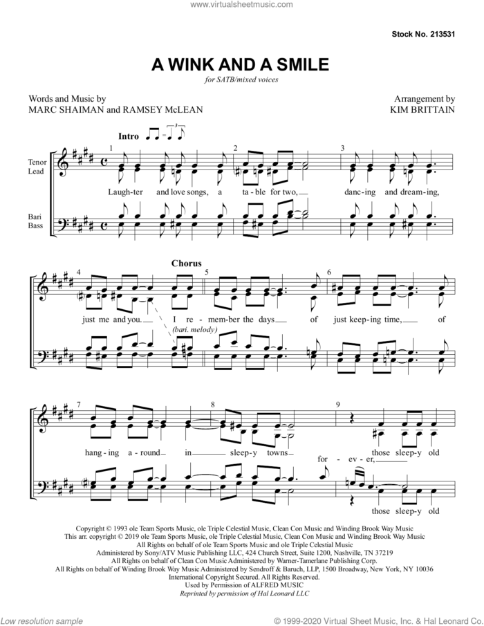 A Wink And A Smile (arr. Kim Brittain) sheet music for choir (SATB: soprano, alto, tenor, bass) by Marc Shaiman, Kim Brittain and Ramsey McLean, intermediate skill level