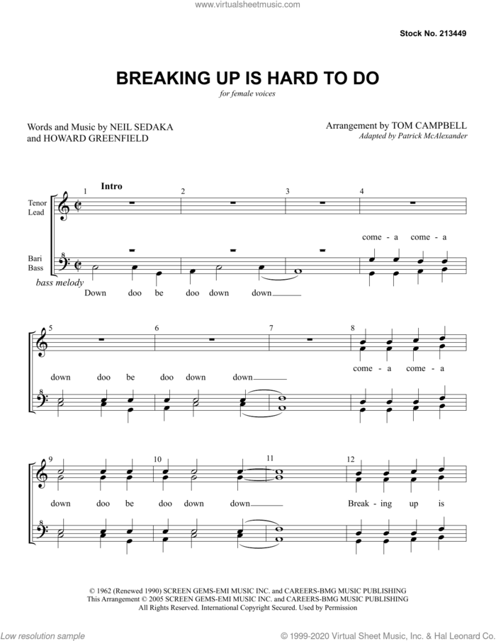Breaking Up Is Hard To Do (arr. Tom Campbell) sheet music for choir (SSAA: soprano, alto) by Neil Sedaka, Thomas Campbell and Howard Greenfield, intermediate skill level