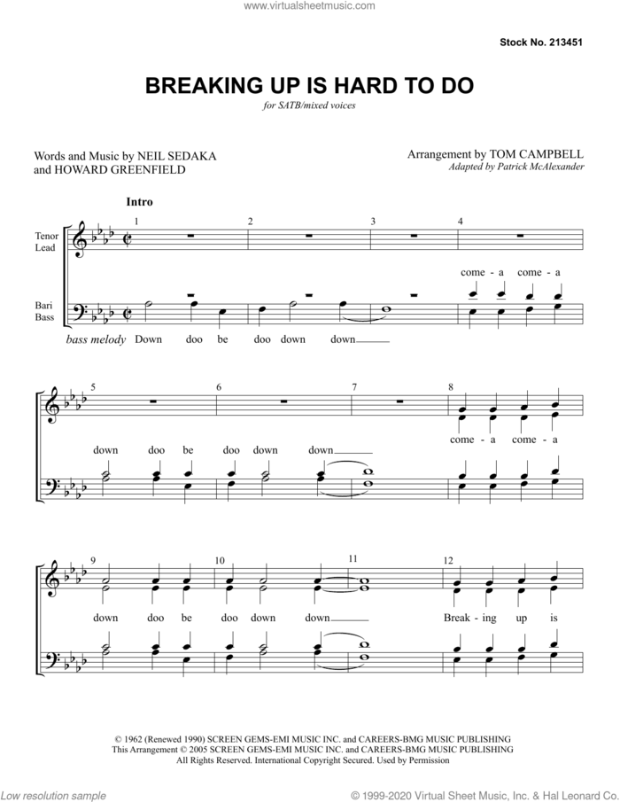 Breaking Up Is Hard To Do (arr. Tom Campbell) sheet music for choir (SATB: soprano, alto, tenor, bass) by Neil Sedaka, Thomas Campbell and Howard Greenfield, intermediate skill level