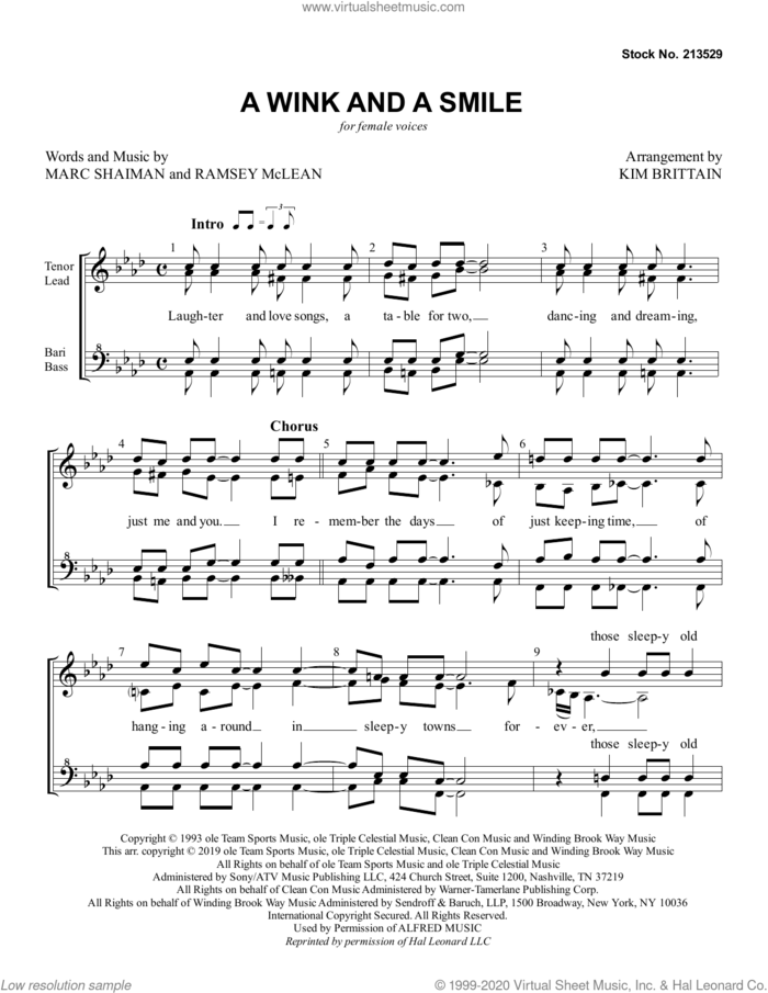 A Wink And A Smile (arr. Kim Brittain) sheet music for choir (SSAA: soprano, alto) by Marc Shaiman, Kim Brittain and Ramsey McLean, intermediate skill level