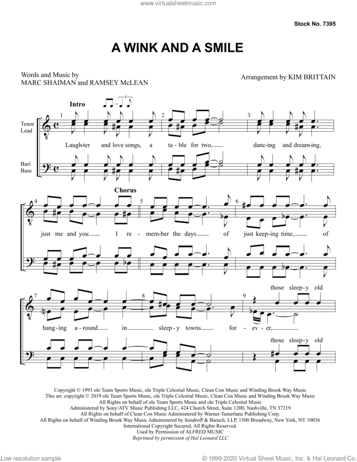 A Wink And A Smile (arr. Kim Brittain) sheet music for choir (TTBB: tenor, bass) by Marc Shaiman, Kim Brittain and Ramsey McLean, intermediate skill level