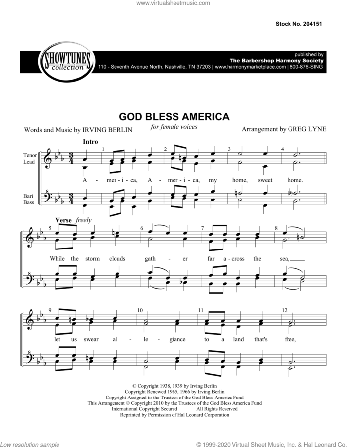 God Bless America (arr. Greg Lyne) sheet music for choir (SSAA: soprano, alto) by Irving Berlin and Greg Lyne, intermediate skill level