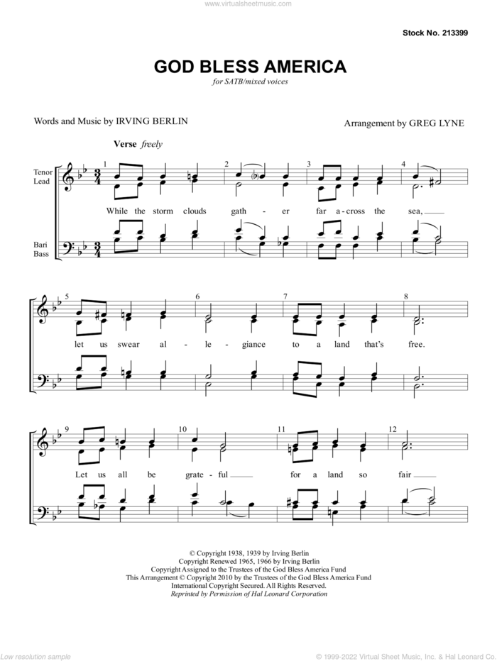 God Bless America (arr. Greg Lyne) sheet music for choir (SATB: soprano, alto, tenor, bass) by Irving Berlin and Greg Lyne, intermediate skill level