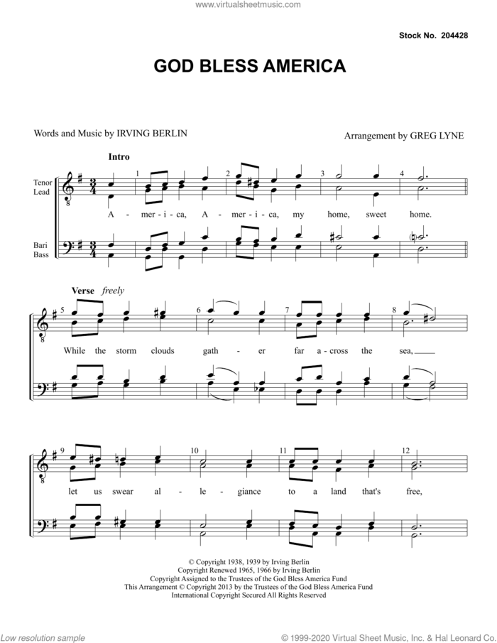 God Bless America (arr. Greg Lyne) sheet music for choir (TTBB: tenor, bass) by Irving Berlin and Greg Lyne, intermediate skill level
