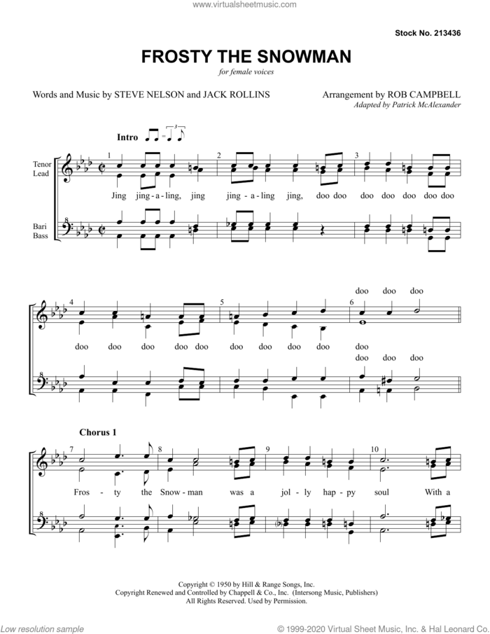 Frosty The Snowman (arr. Rob Campbell) sheet music for choir (SSAA: soprano, alto) by Steve Nelson, Rob Campbell, Jack Rollins and Steve Nelson & Jack Rollins, intermediate skill level