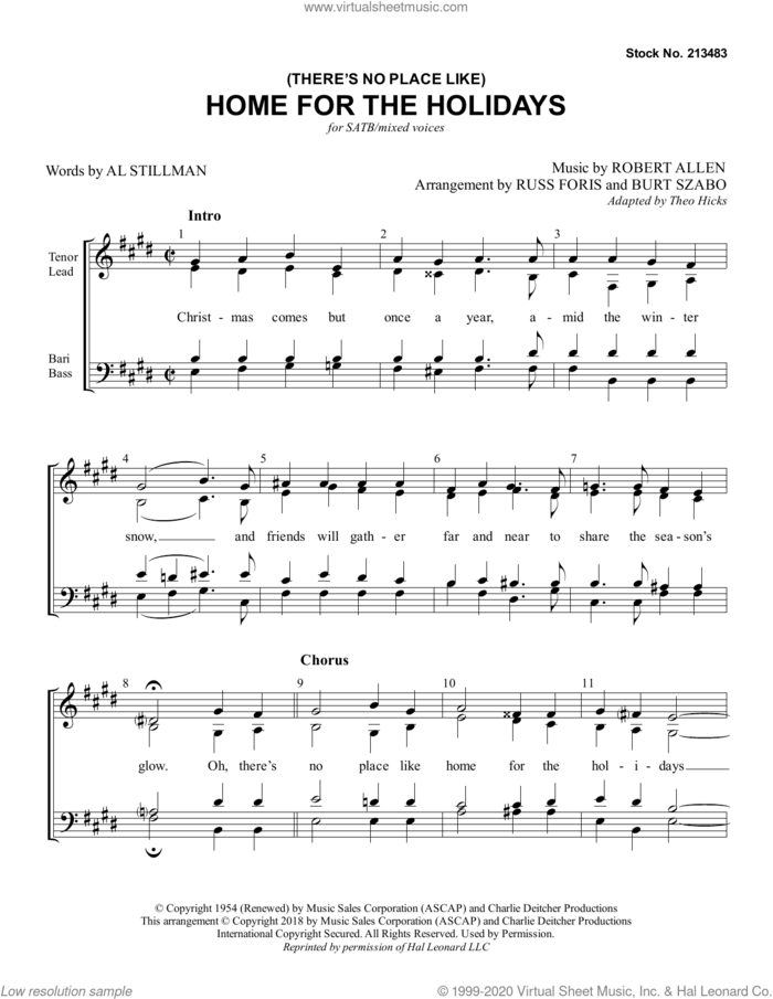 (There's No Place Like) Home for the Holidays (arr. Russ Foris and Burt Szabo) sheet music for choir (SATB: soprano, alto, tenor, bass) by Al Stillman, Burt Szabo, Russ Foris, Al Stillman & Robert Allen and Robert Allen, intermediate skill level