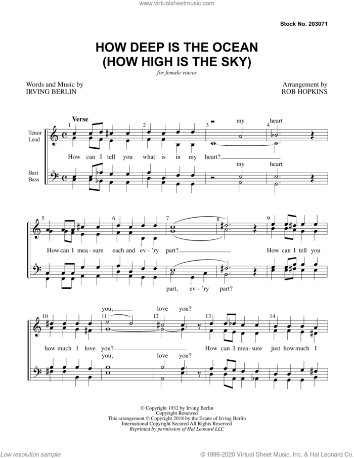 How Deep Is The Ocean (How High Is the Sky) (arr. Rob Hopkins) sheet music for choir (SSAA: soprano, alto) by Irving Berlin and Rob Hopkins, intermediate skill level