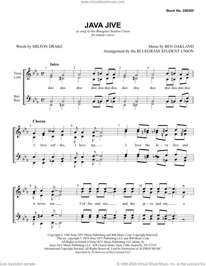 Java Jive (arr. Bluegrass Student Union) sheet music for choir (SSAA: soprano, alto) by Milton Drake, Bluegrass Student Union, Ben Oakland and Milton Drake & Ben Oakland, intermediate skill level