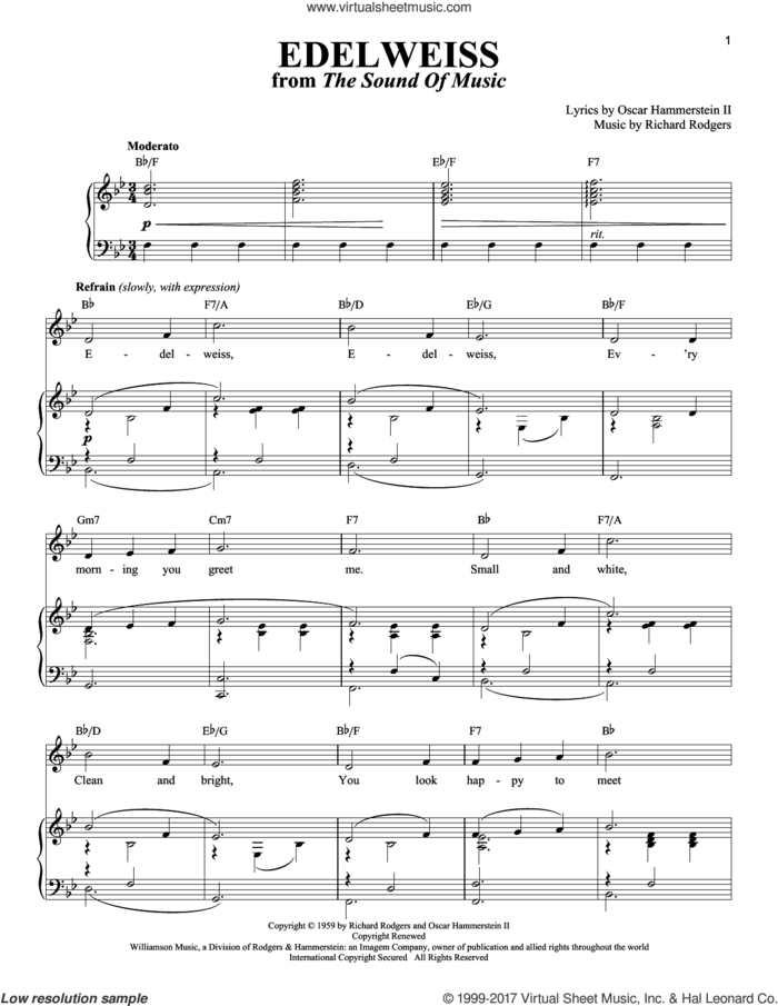 Edelweiss (from The Sound of Music) sheet music for voice and piano by Rodgers & Hammerstein, The Sound Of Music (Musical), Oscar II Hammerstein and Richard Rodgers, intermediate skill level