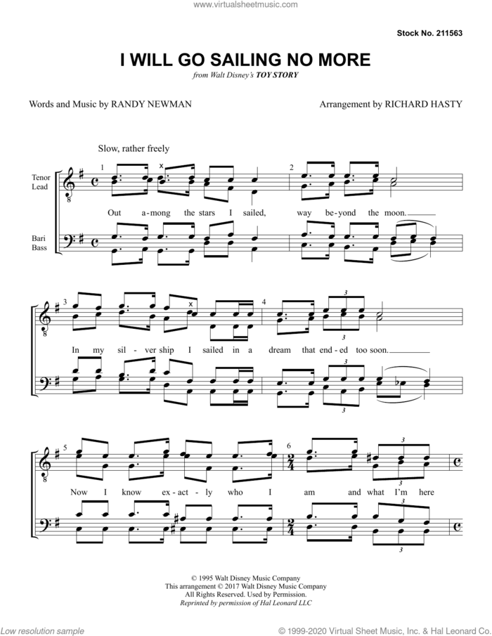 I Will Go Sailing No More (arr. Richard Hasty) sheet music for choir (TTBB: tenor, bass) by Randy Newman and Richard Hasty, intermediate skill level