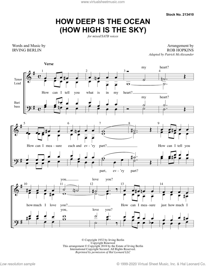 How Deep Is The Ocean (How High Is the Sky) (arr. Rob Hopkins) sheet music for choir (SATB: soprano, alto, tenor, bass) by Irving Berlin and Rob Hopkins, intermediate skill level