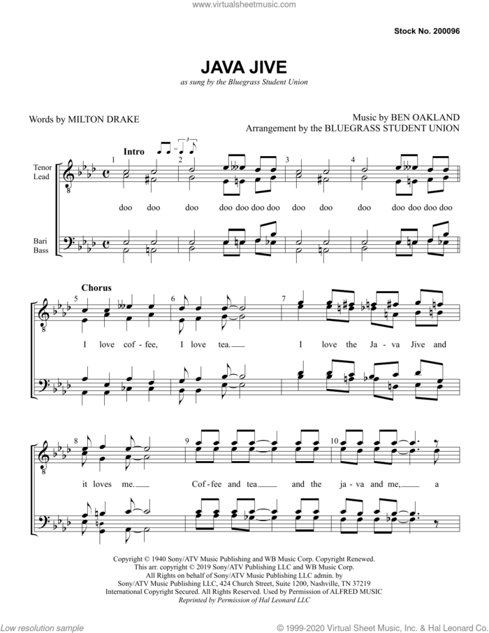 Java Jive (arr. Bluegrass Student Union) sheet music for choir (TTBB: tenor, bass) by Milton Drake, Bluegrass Student Union, Ben Oakland and Milton Drake & Ben Oakland, intermediate skill level